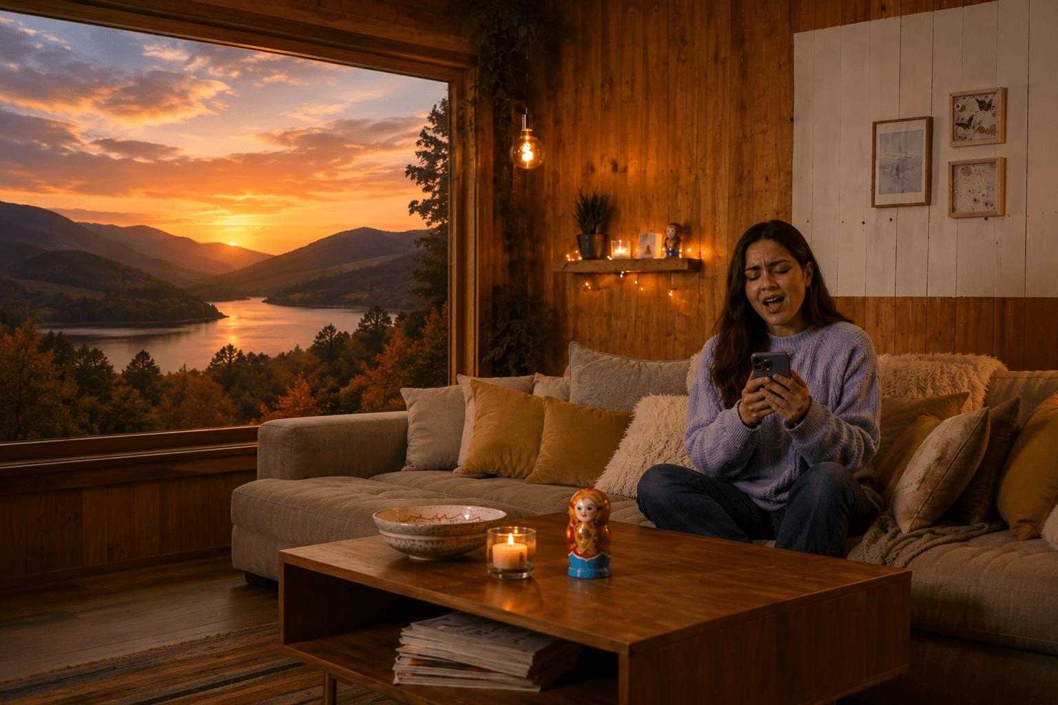A woman singing along to SingMax on her phone in a cozy living room at sunset