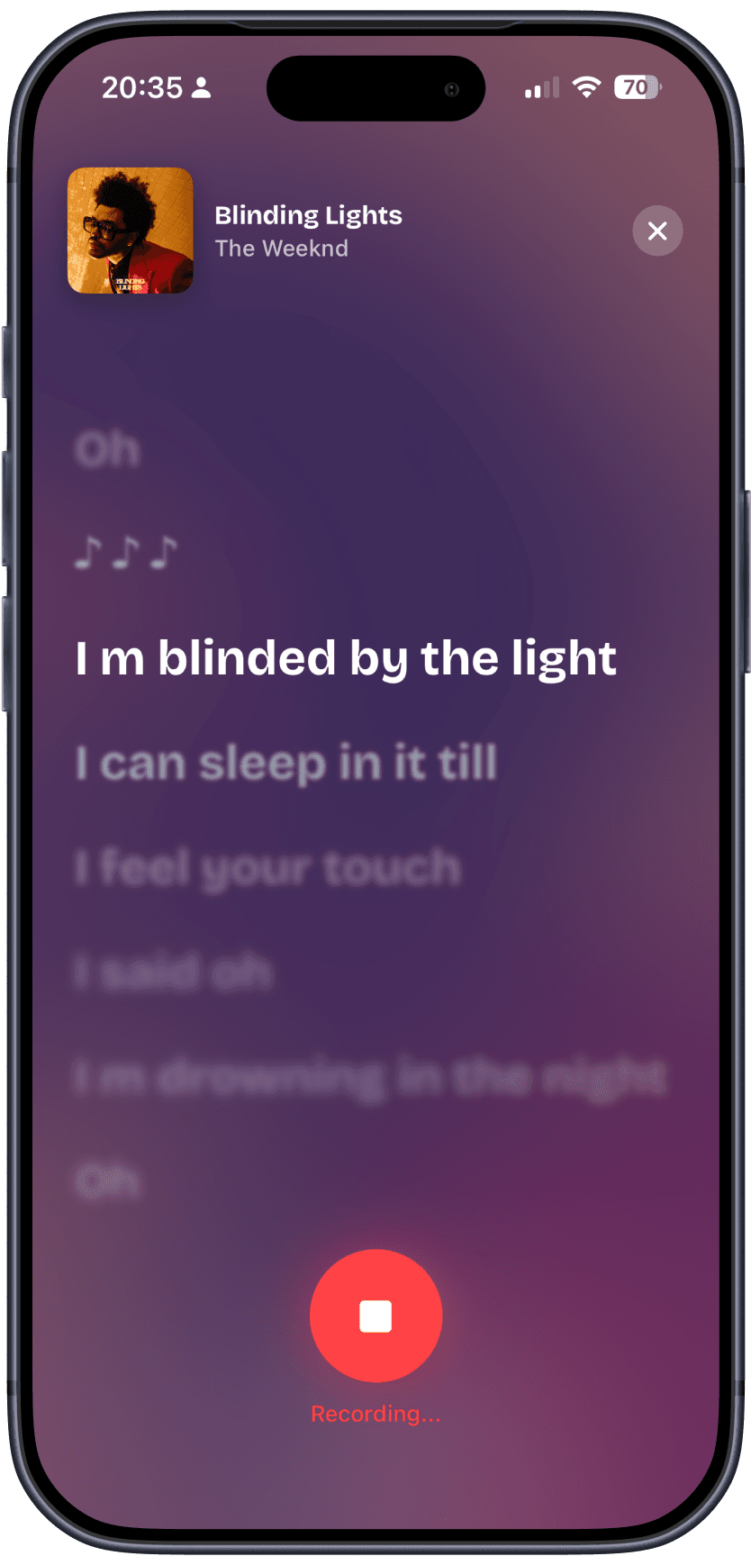 SingMax karaoke recording screen with synced lyrics