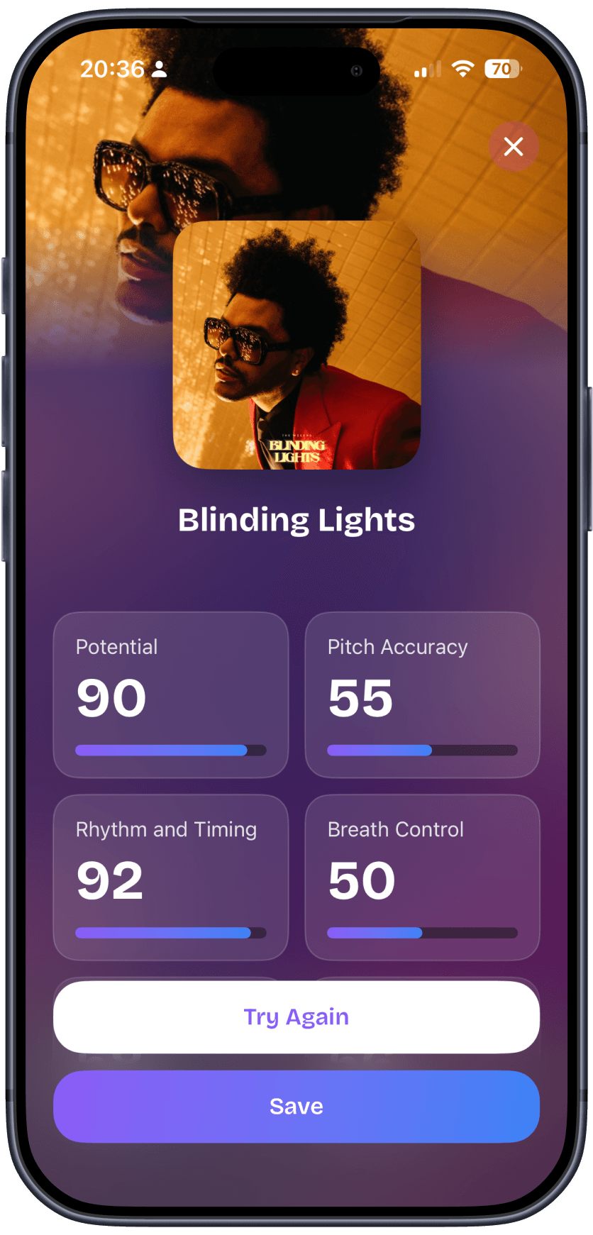 SingMax post-take results screen for Blinding Lights