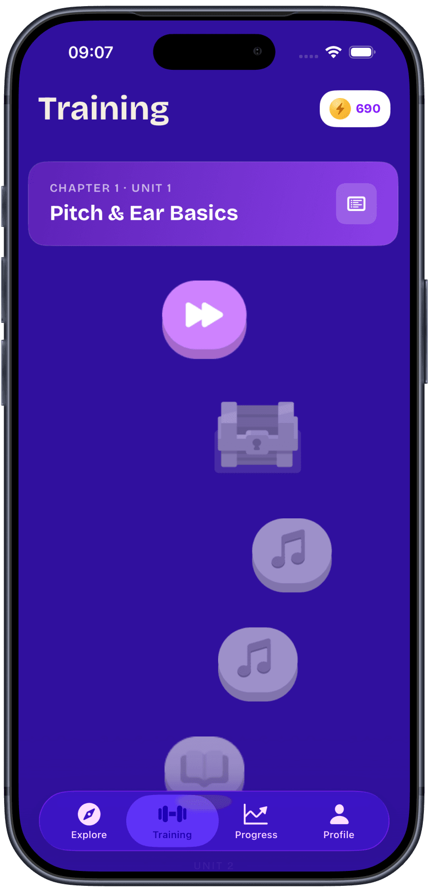 SingMax training tab showing Chapter 1, Unit 1: Pitch & Ear Basics